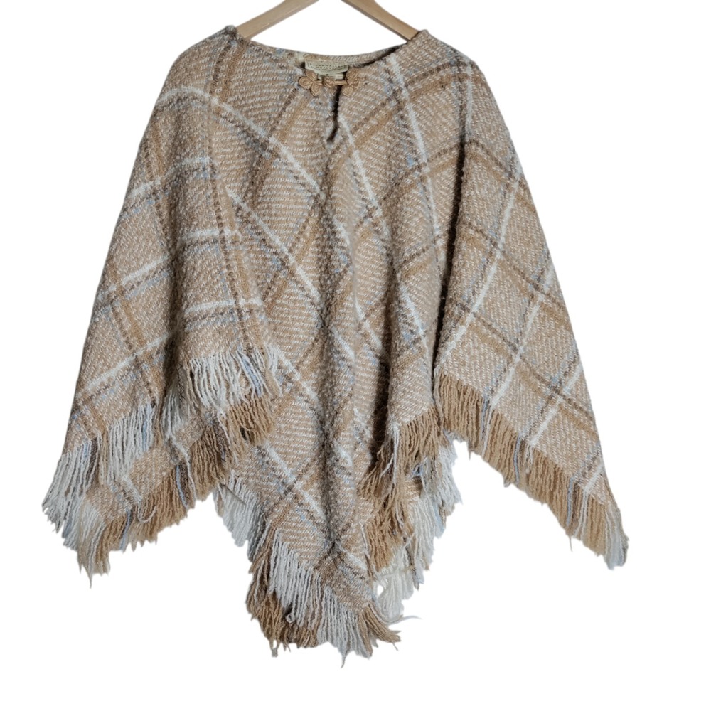 Boyne Valley Weavers Poncho Cape Sweater Made in Ireland Wool Blend Fringed Hem‎